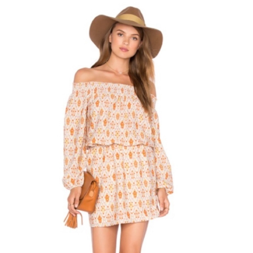 Sanctuary Elle Off Shoulder Boho Orange and Cream Print Dress Size L